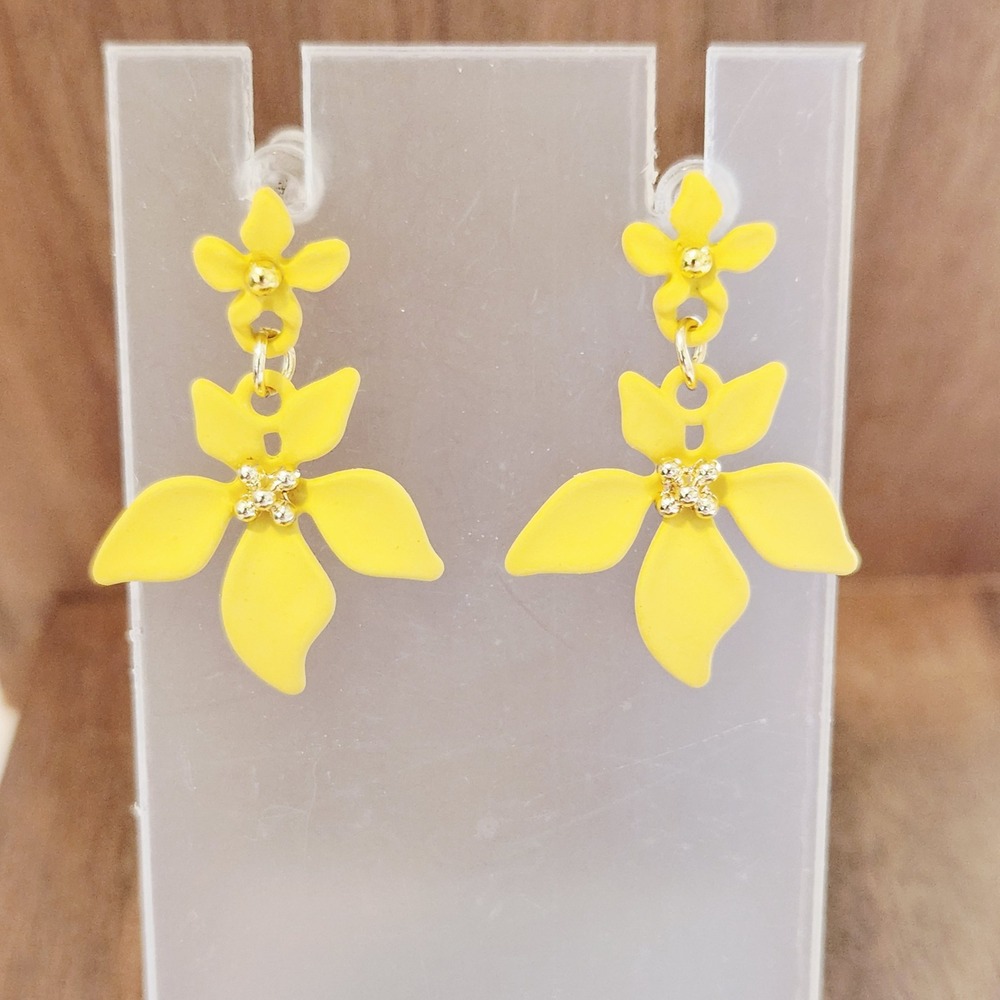 Yellow Floral Tiered Drop Earrings Matte Flower Statement Jewelry Gold Accents
